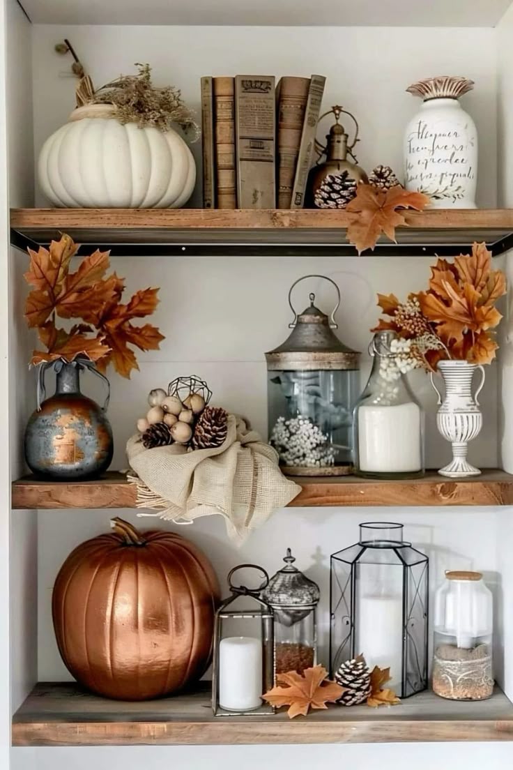 Farmhouse shelf decorated for fall with pumpkins, candles, vintage books, and autumn leaves