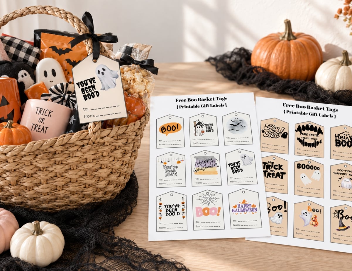 Boo basket with a printable Halloween tag beside two sheets of 18 free boo basket tag designs.