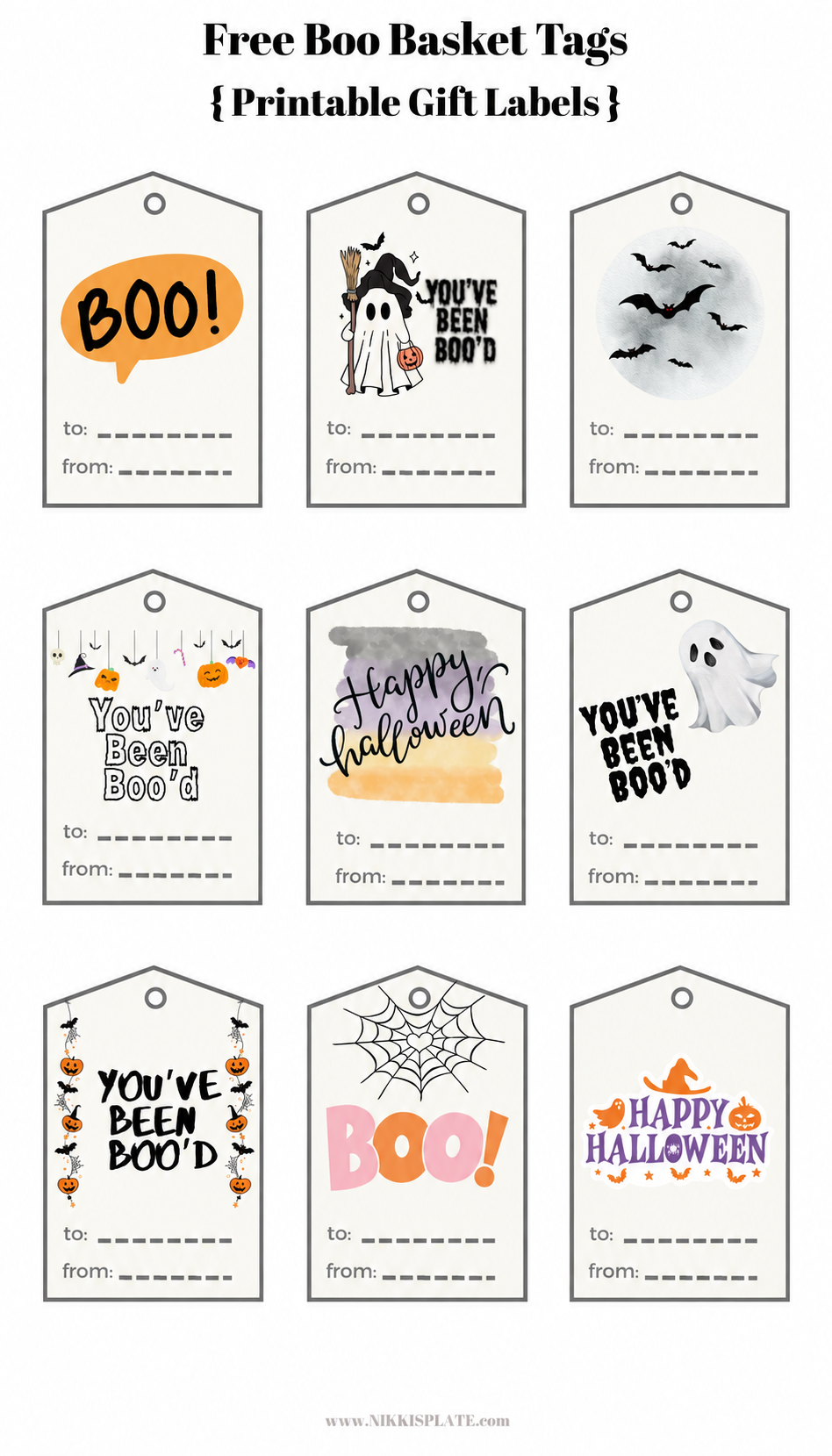 First printable sheet of nine boo basket tags with ghosts, bats, pumpkins, spiderwebs and To and From lines.