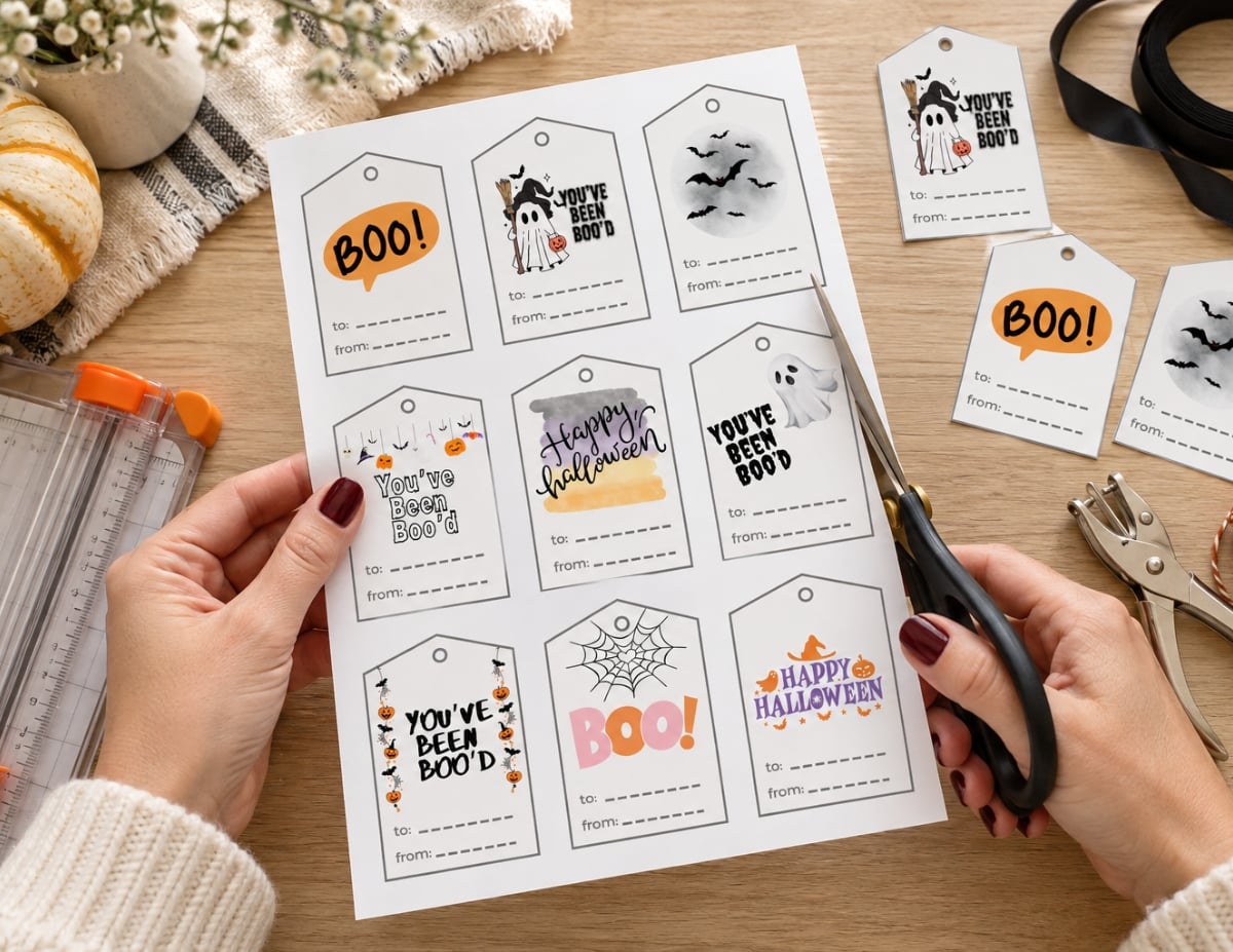 Hands cutting printable boo basket tags on a light wood table beside ribbon and a single-hole punch.