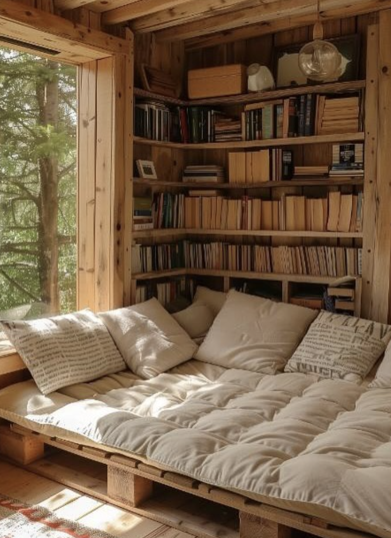 Cozy reading nook with pallet bed, natural wood shelves, and neutral pillows