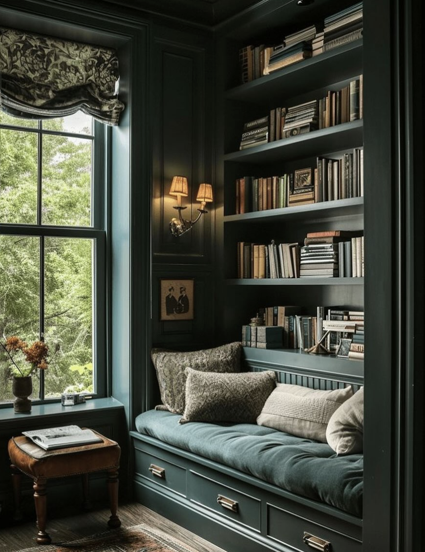 Dark green built-in window reading nook with bookshelf, cozy cushions, and layered lighting