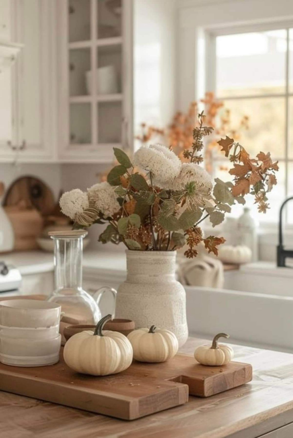 Neutral farmhouse kitchen with white pumpkins, wood cutting boards, and a ceramic vase of fall florals