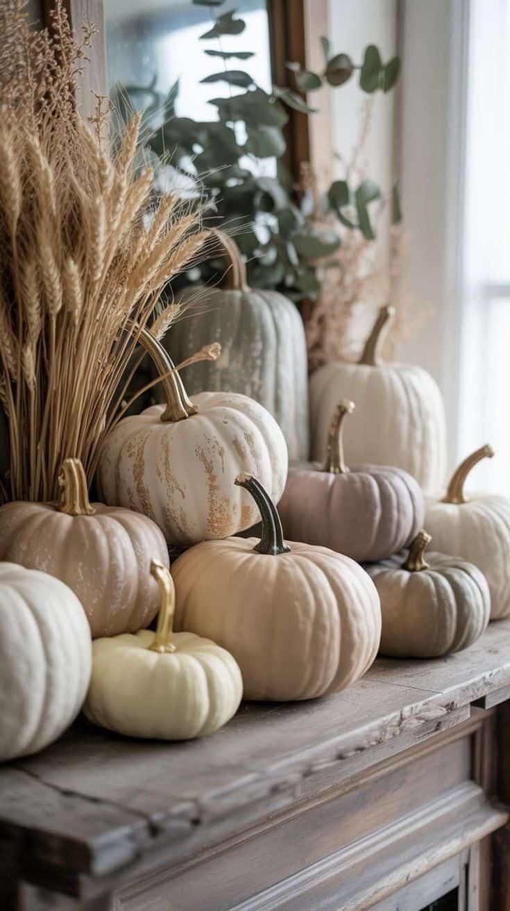 Neutral-toned farmhouse fall pumpkins with wheat stalks and eucalyptus on rustic wood surface