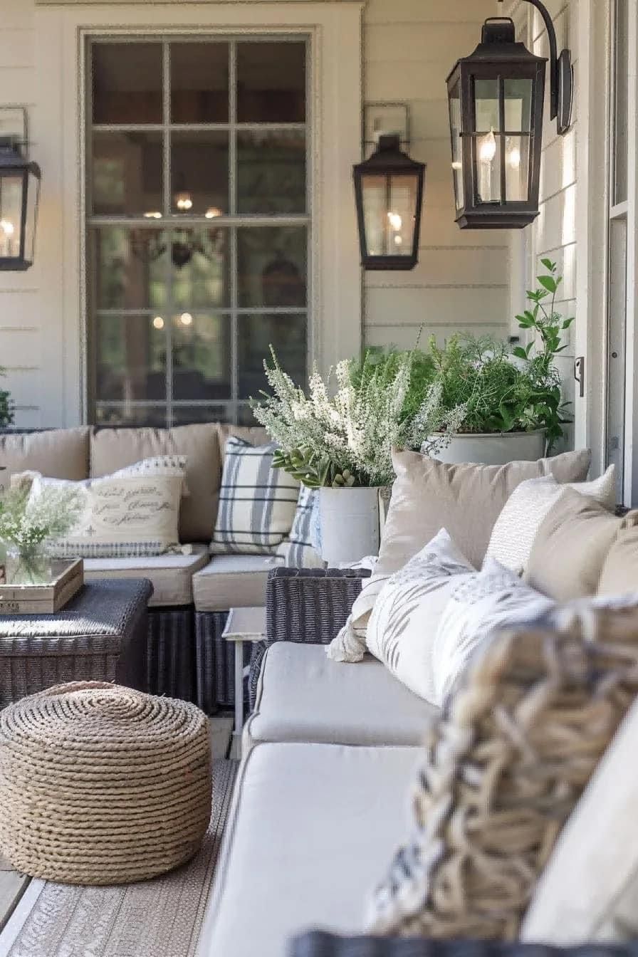 Charming farmhouse-style porch with cozy wicker seating, neutral-toned cushions and pillows, potted greenery and white flowers, black lantern sconces, and a woven rope ottoman on a striped outdoor rug.