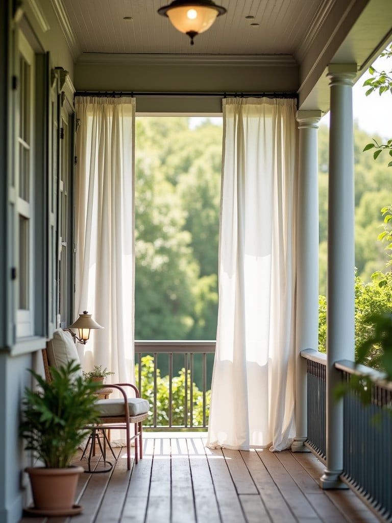 Serene front porch with white linen curtains, a cushioned chair, potted plants, and soft natural light filtering in, overlooking lush green trees in the background.
