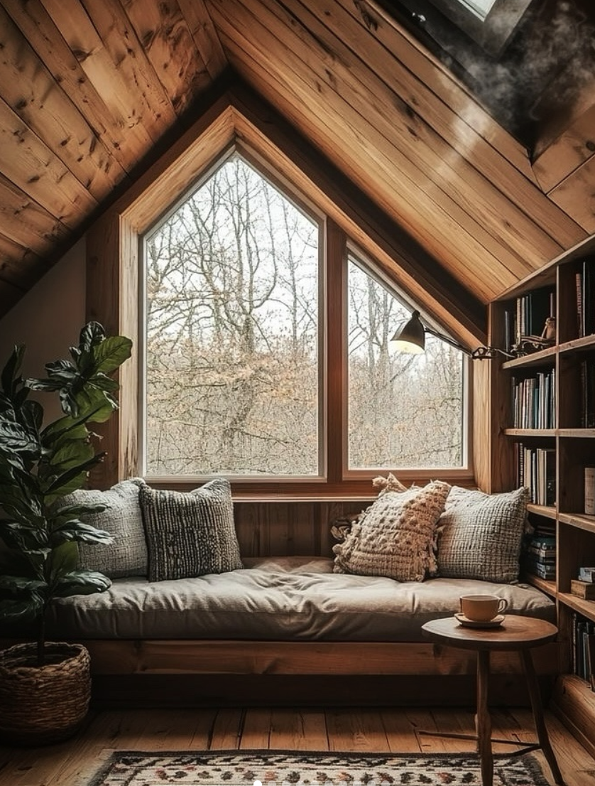 Rustic reading nook in an A-frame with wood paneling, cozy bench, and large window