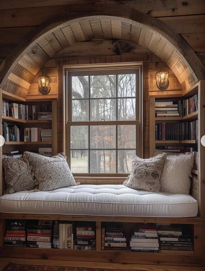 Wood-paneled reading nook with arched ceiling, built-in shelves, and cushioned bench