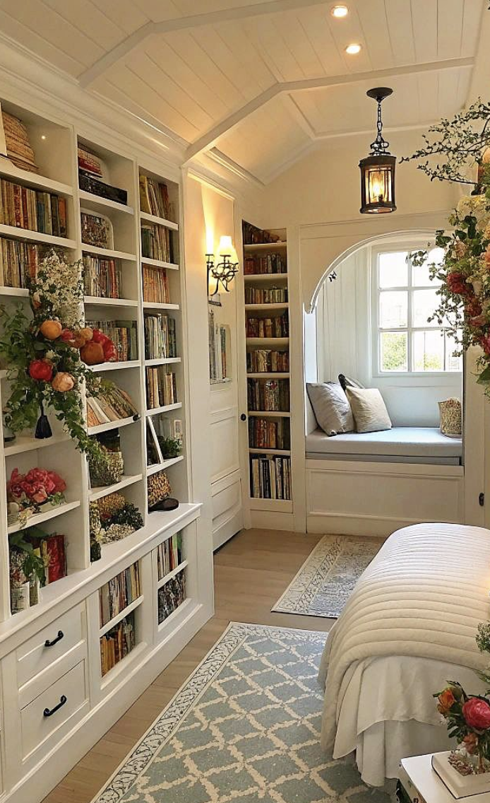 Fairytale-Style Reading Nook with Floral Touches and Built-Ins