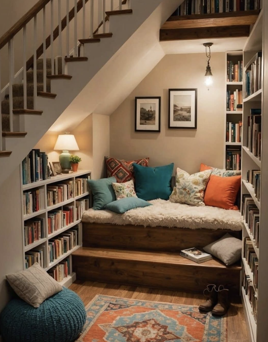 Cozy reading nook under stairs with bookshelves, colorful pillows, and layered lighting