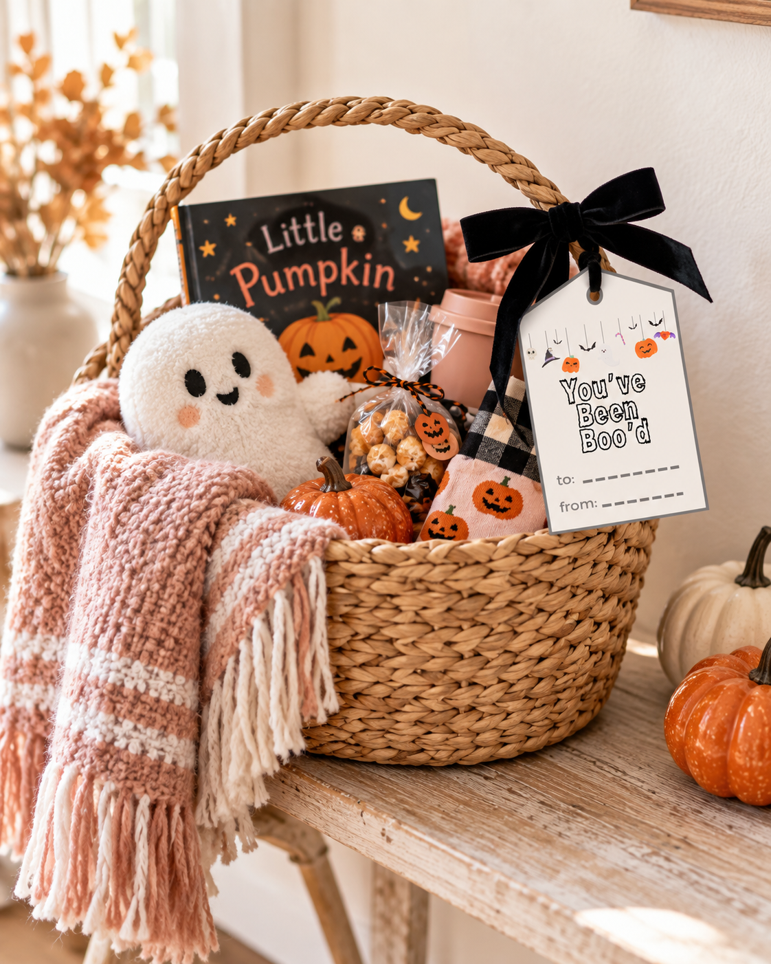 Halloween boo basket filled with treats and finished with a printable You've Been Boo'd tag and black ribbon.