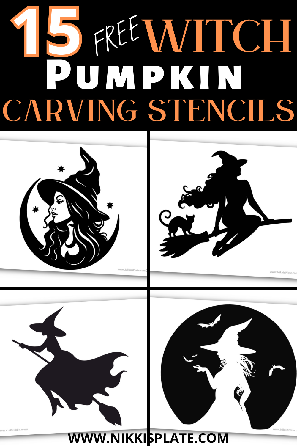 Download 15 FREE Witch Pumpkin Carving Stencils! Magical and spooky printable templates perfect for Halloween. Easy to carve designs for beginners and pros.
