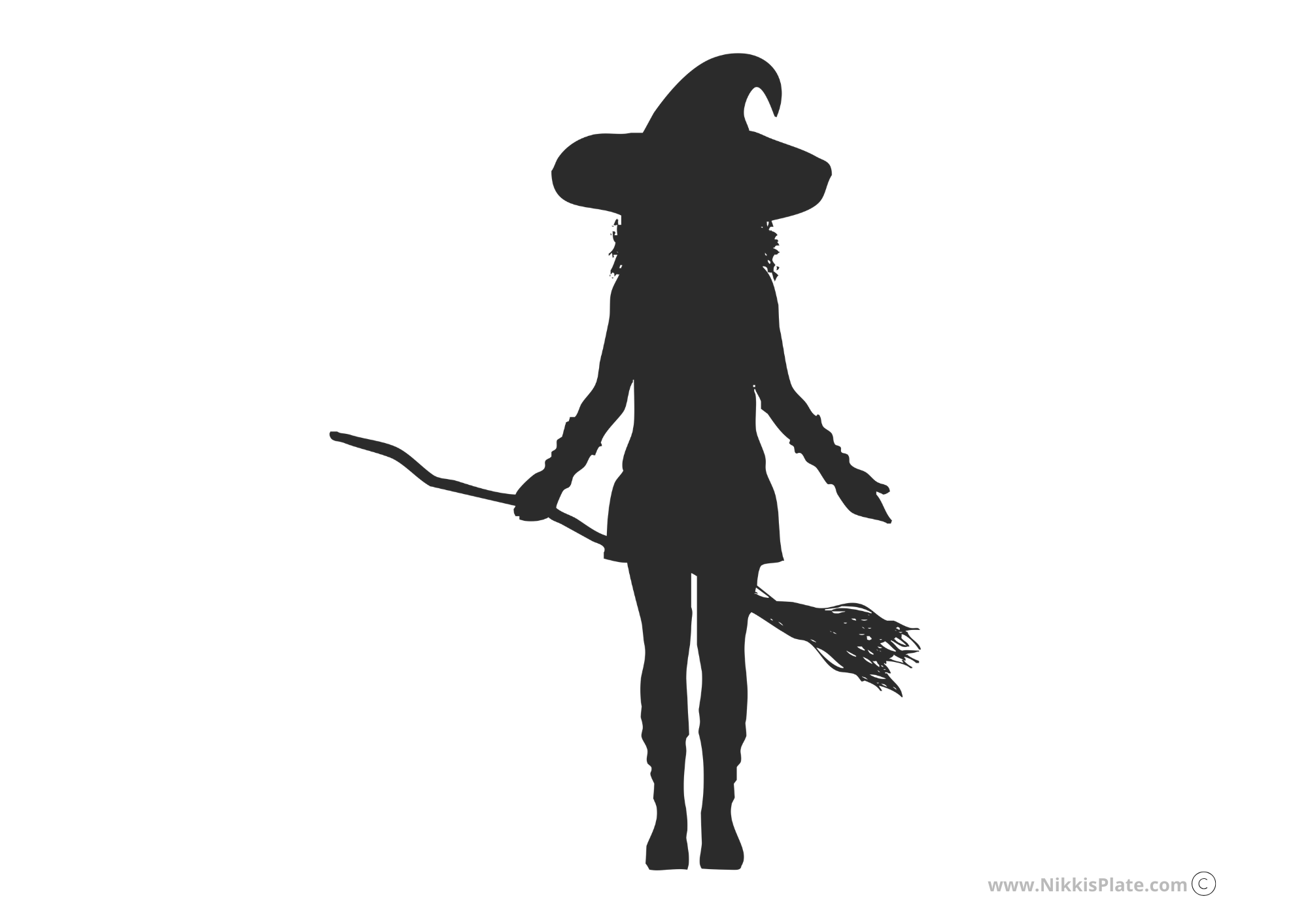 Gothic witch silhouette holding a broom – printable Halloween pumpkin carving design.
