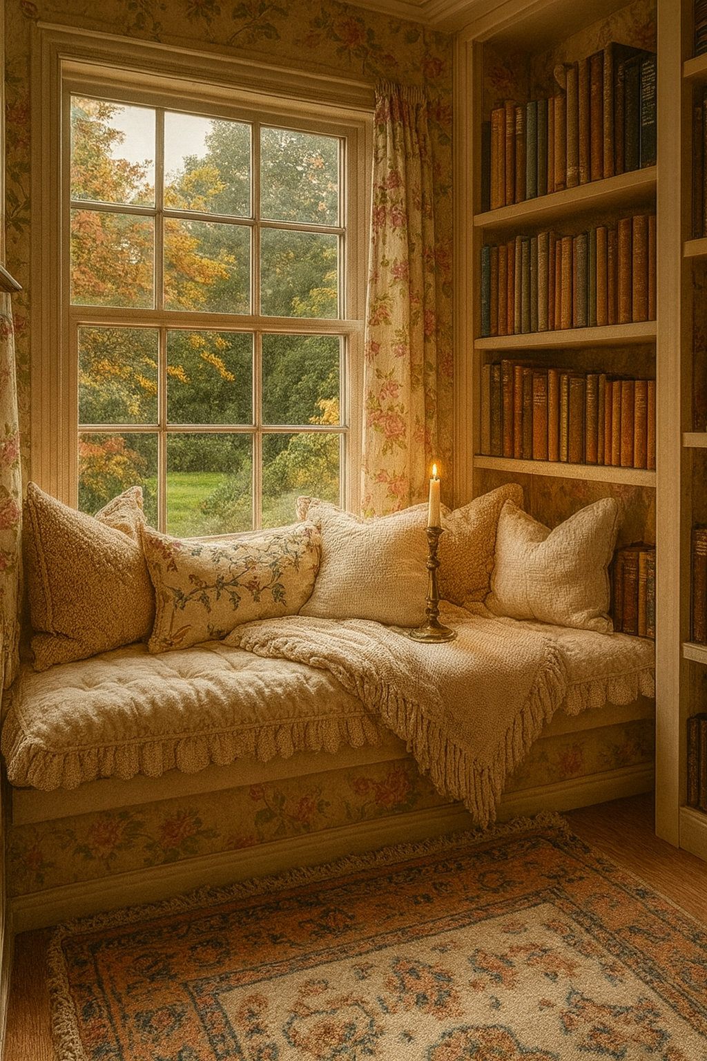 A cozy Grandmacore aesthetic reading nook with floral wallpaper, vintage bookshelves, embroidered pillows, a crocheted throw, and a glowing brass candlestick set by a window with garden views.
