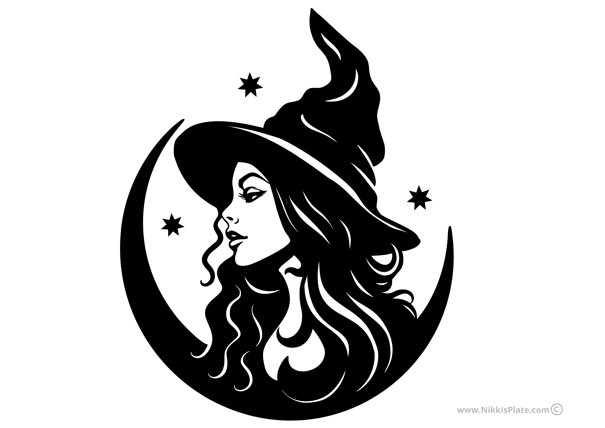 Witch face in profile framed by a crescent moon – printable pumpkin carving template.
