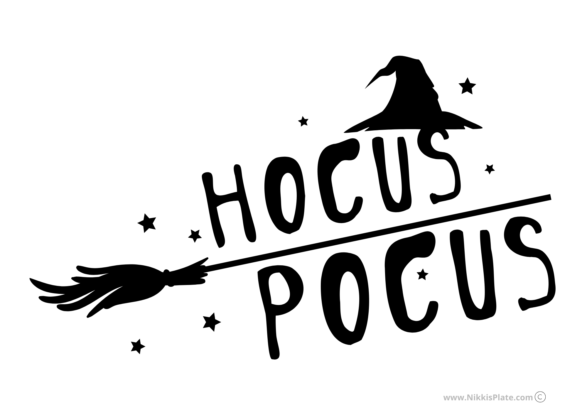 Hocus Pocus witch pumpkin carving stencil with broom, stars, and witch hat design