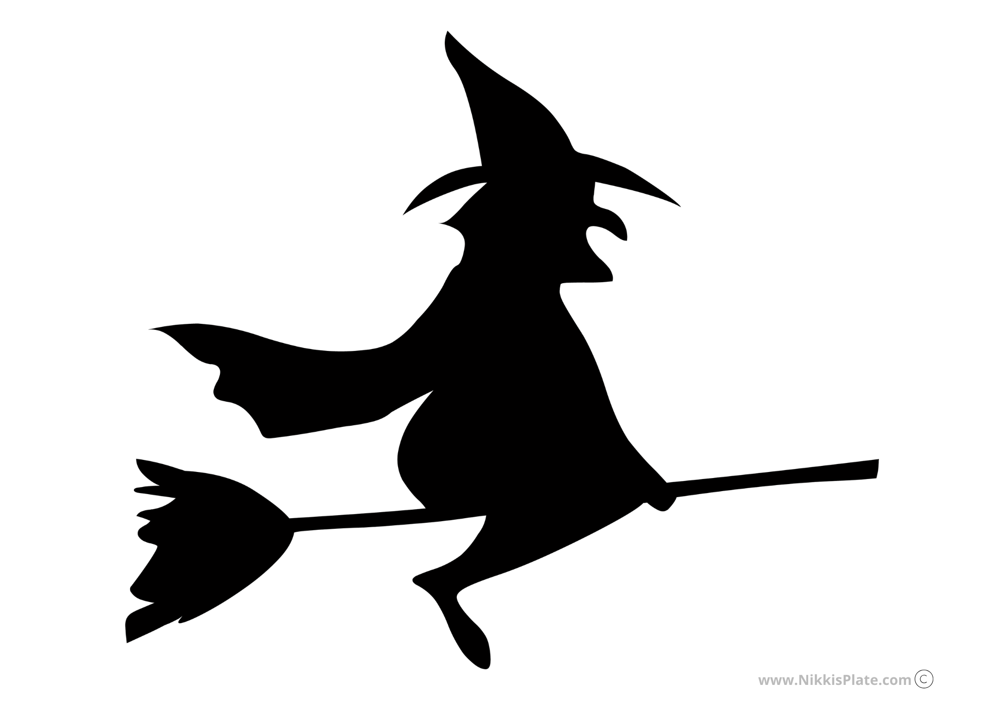Silhouette of a scary witch flying on a broom pumpkin carving stencil
