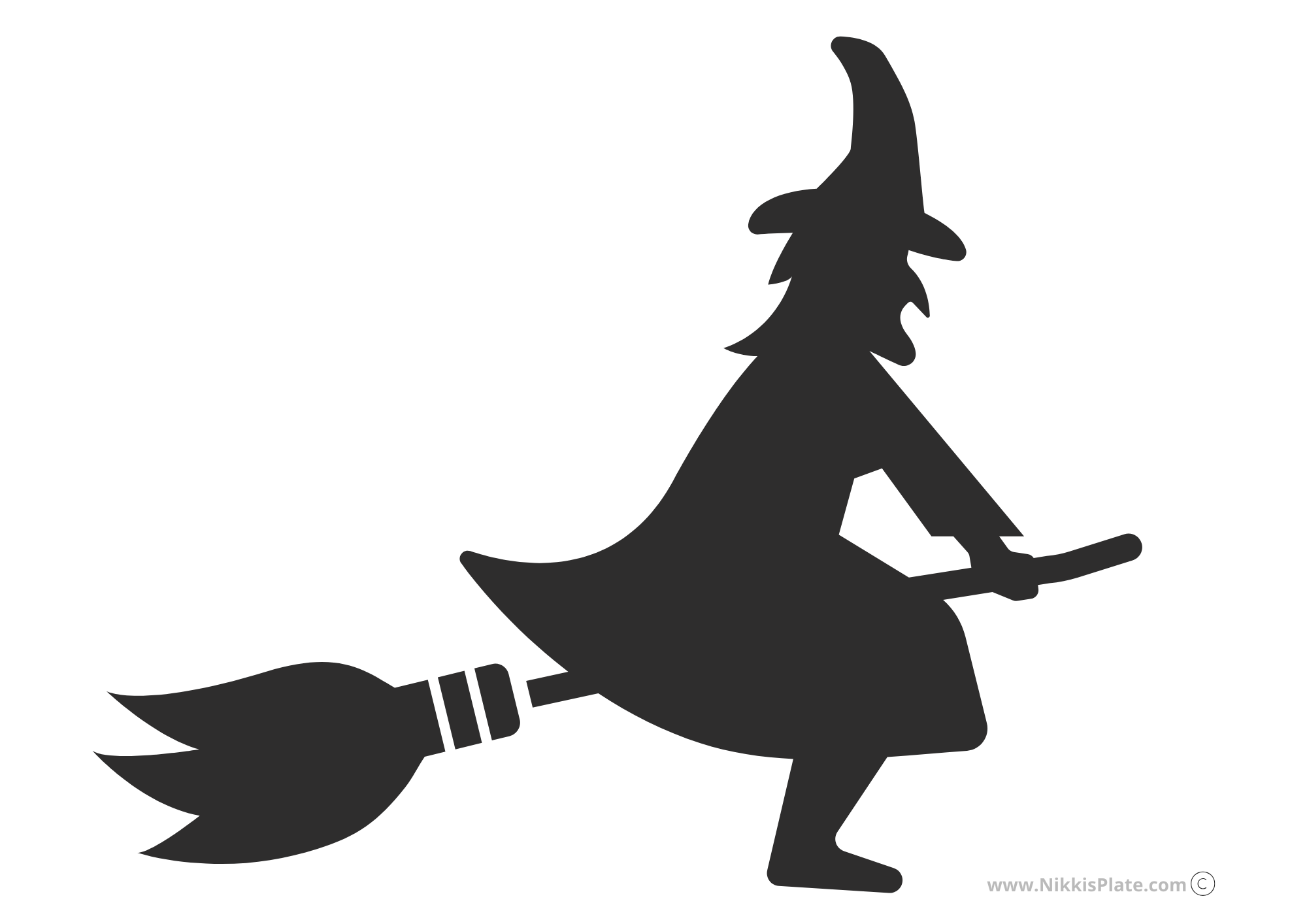 Simple silhouette of a witch riding a broom Halloween pumpkin carving stencil