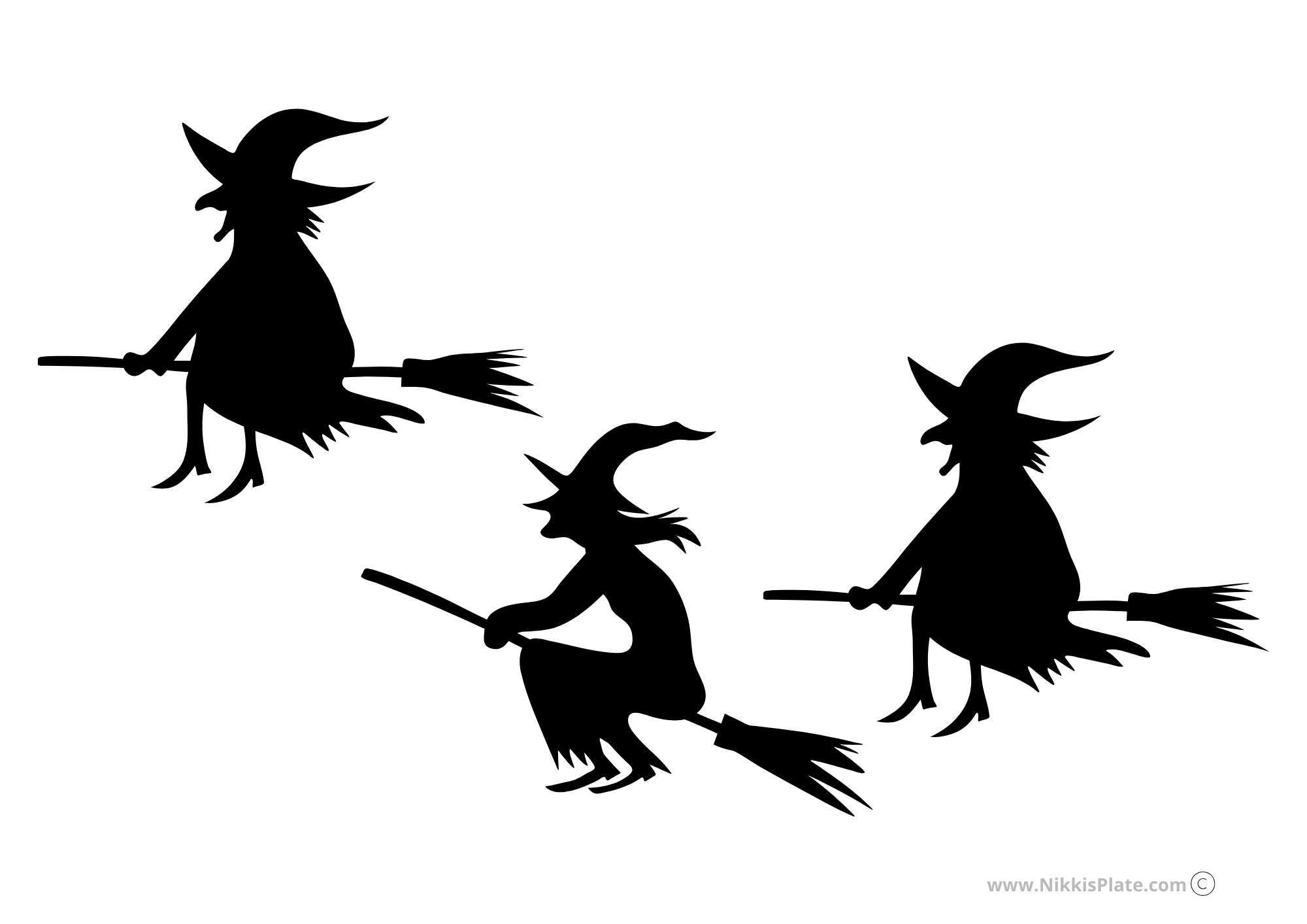 Pumpkin carving stencil of three witches flying on broomsticks in silhouette
