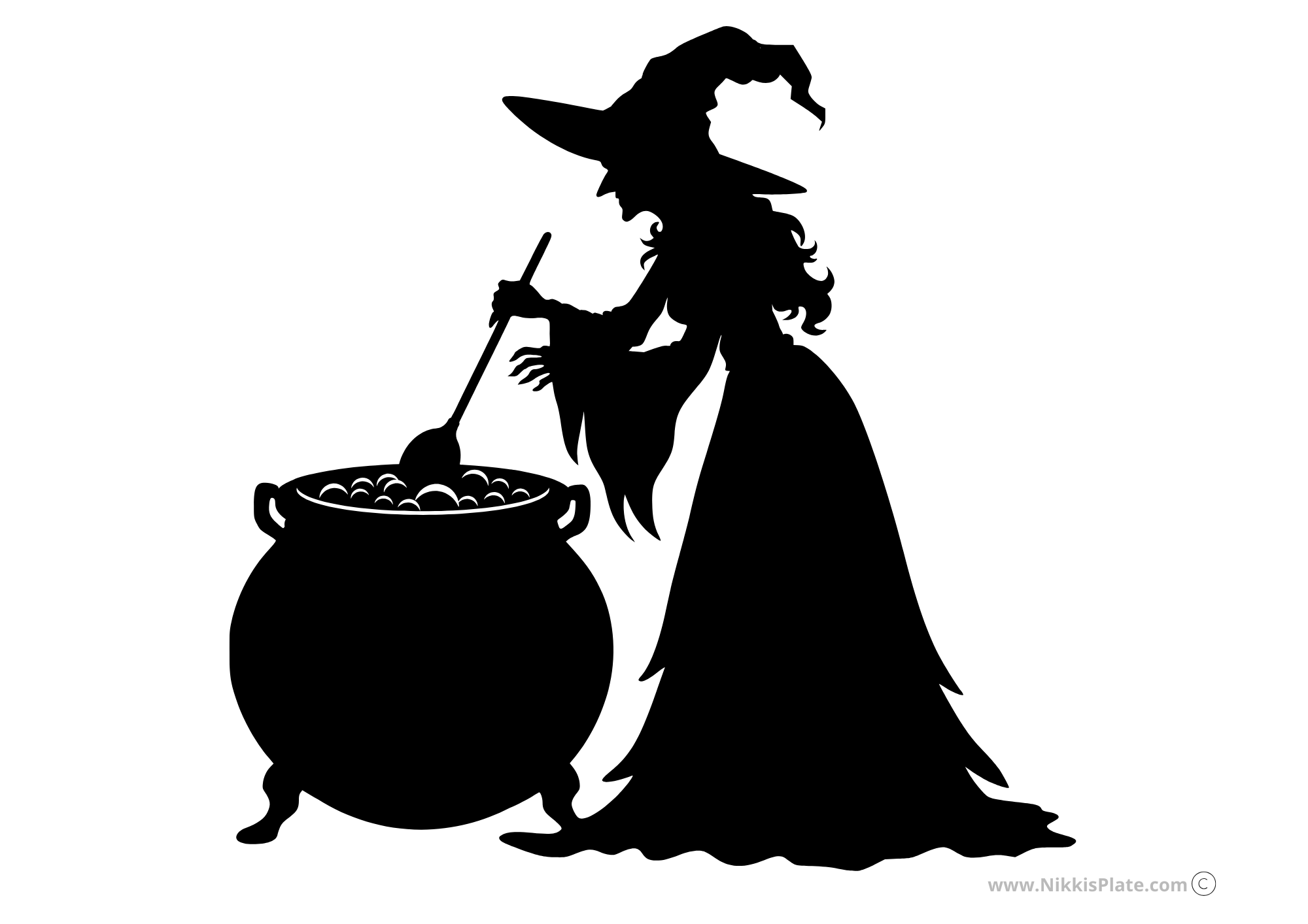 Silhouette pumpkin carving stencil of a witch stirring a bubbling cauldron