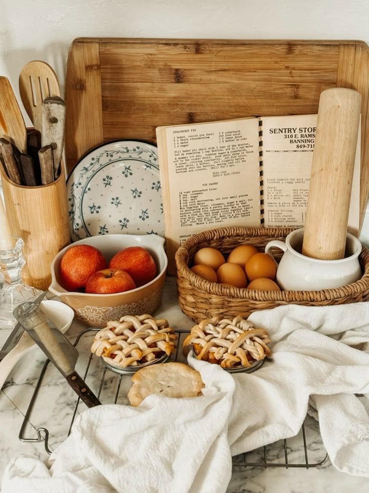 Apple pie displayed in a cozy fall grandmacore kitchen