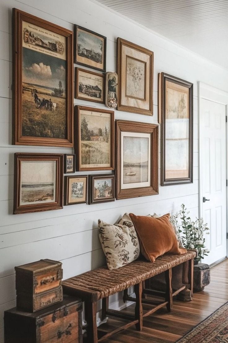 Sepia-toned family photos in vintage frames styled for autumn grandmacore home decor.