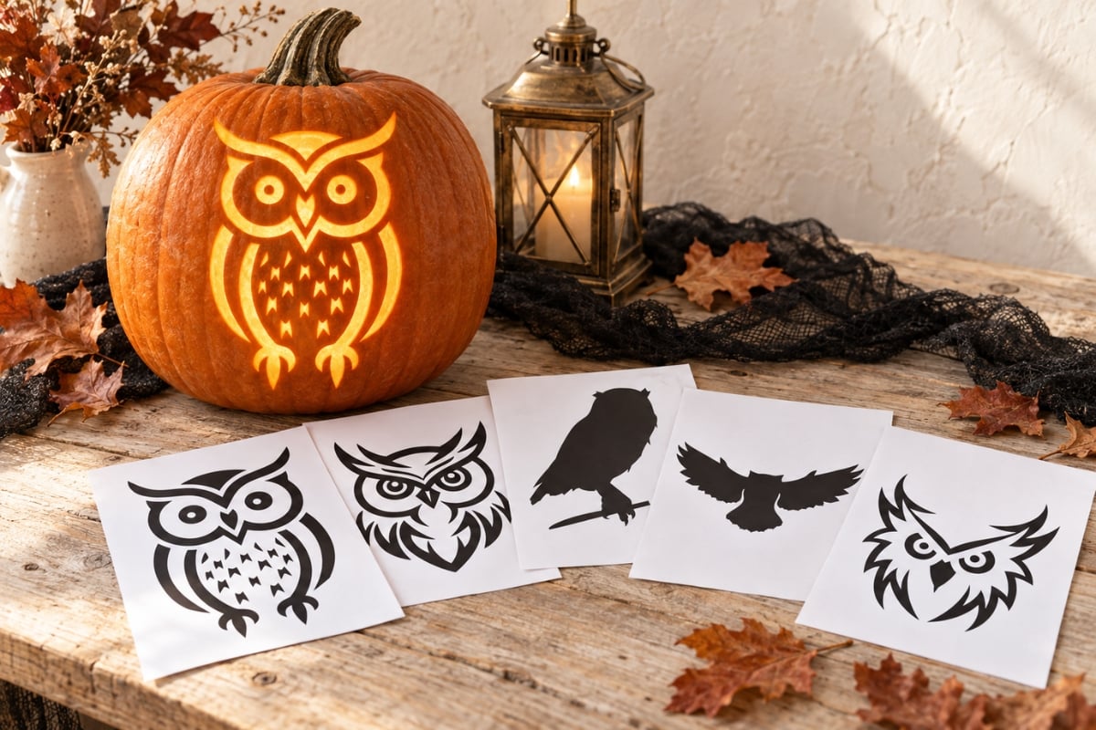 Fifteen free owl pumpkin carving stencils displayed beside a glowing owl jack-o'-lantern.