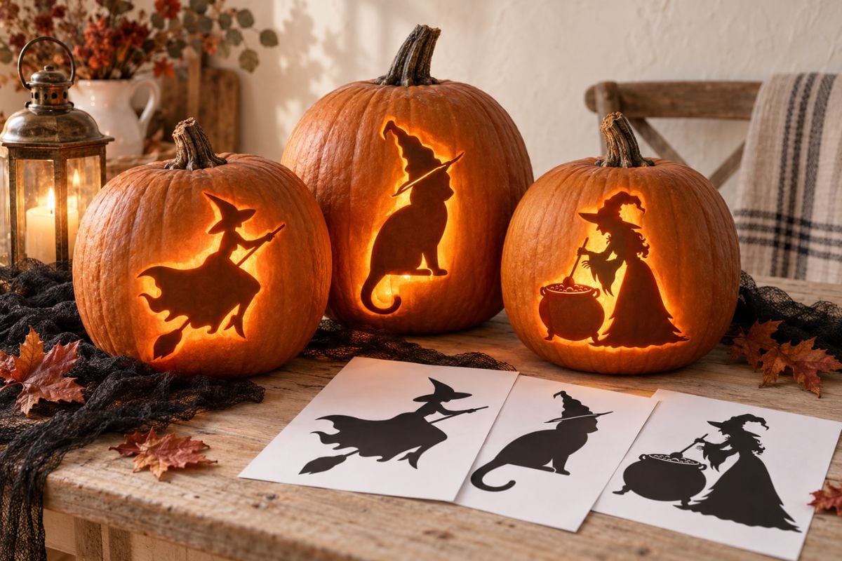 15 free witch pumpkin carving stencils displayed beside glowing witch jack-o'-lanterns.