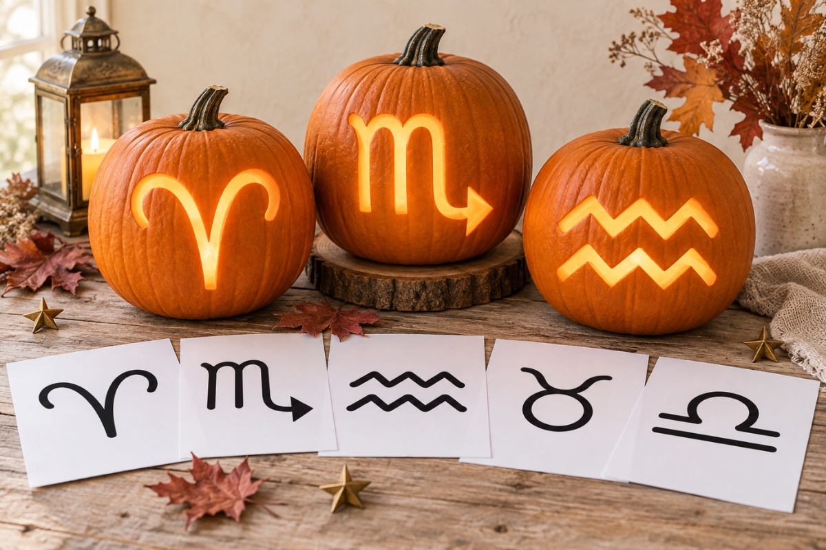 Twelve free zodiac pumpkin carving stencils displayed beside glowing celestial jack-o'-lanterns.