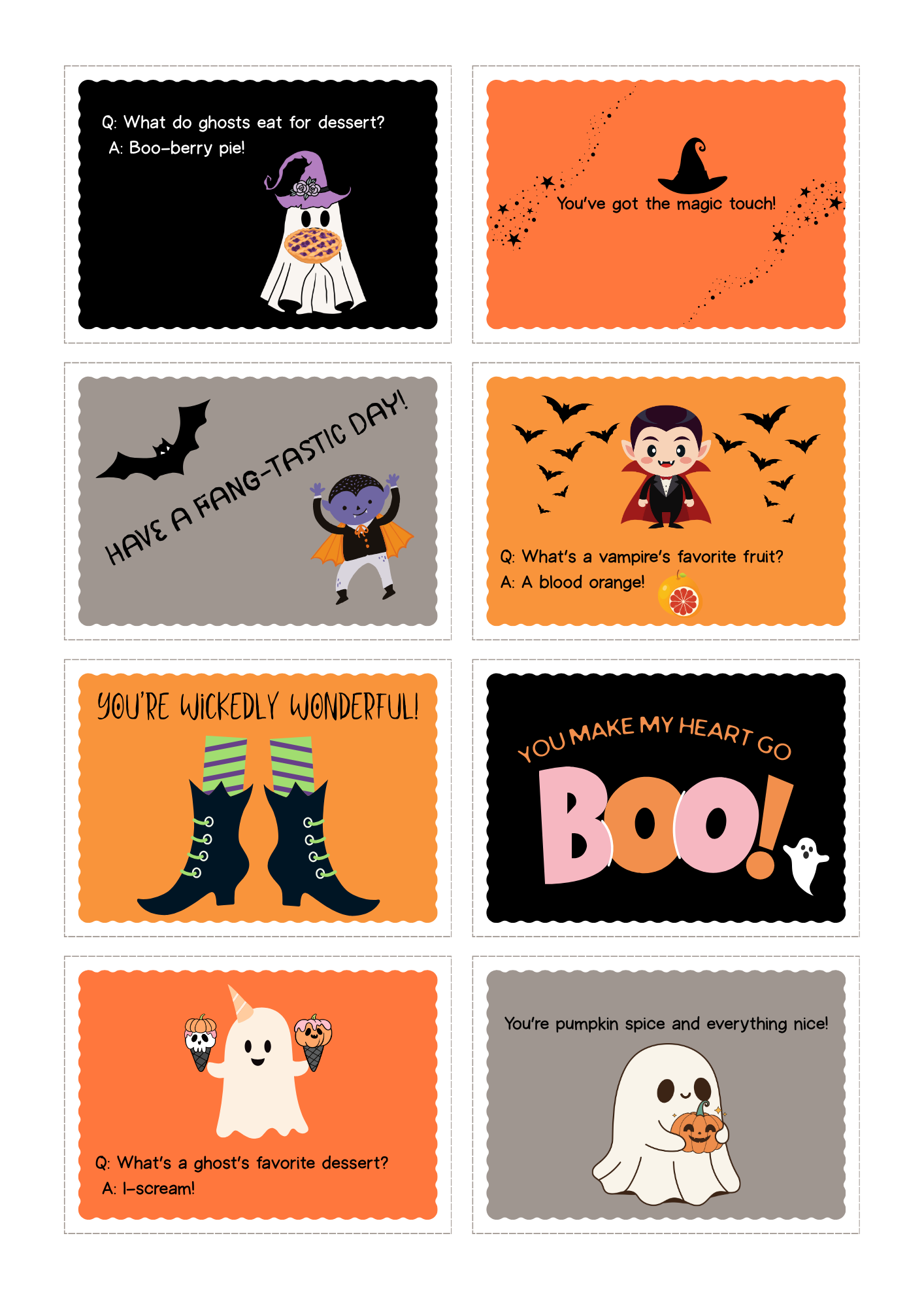 Cute Halloween lunchbox notes with ghosts, vampires, witches, and kid-friendly Halloween jokes and puns.