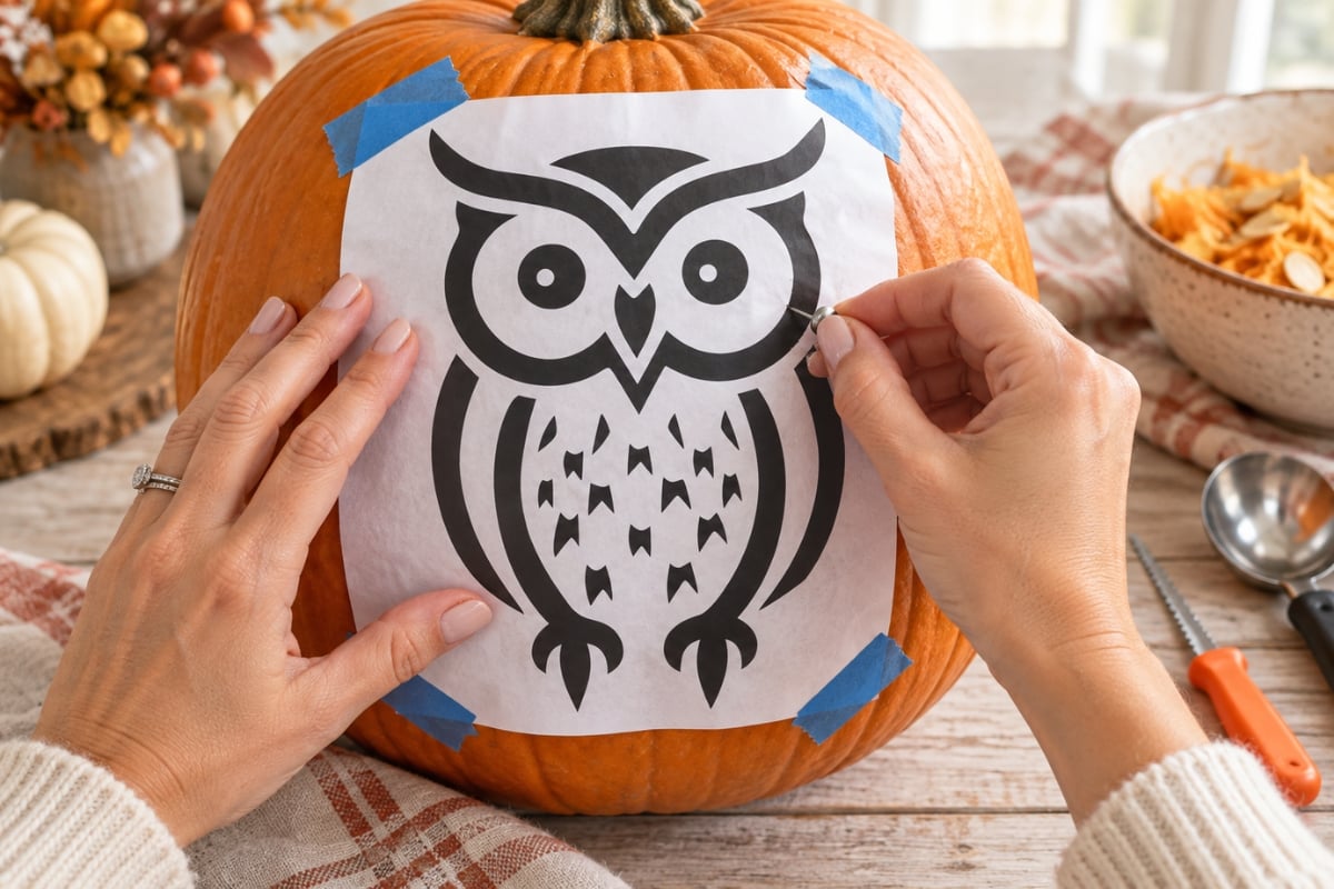 Hands transferring a printable owl stencil onto an orange pumpkin with a pushpin.