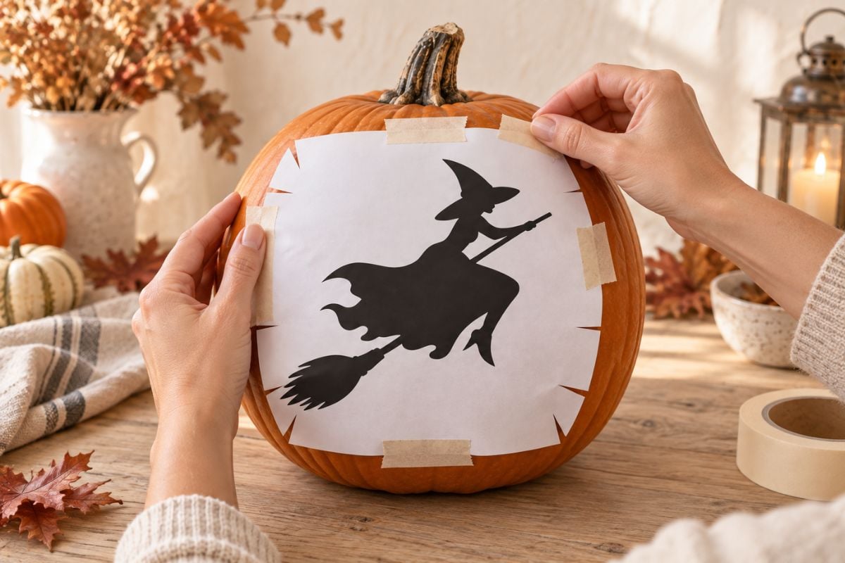 Hands taping a printable witch pumpkin stencil onto an orange pumpkin.