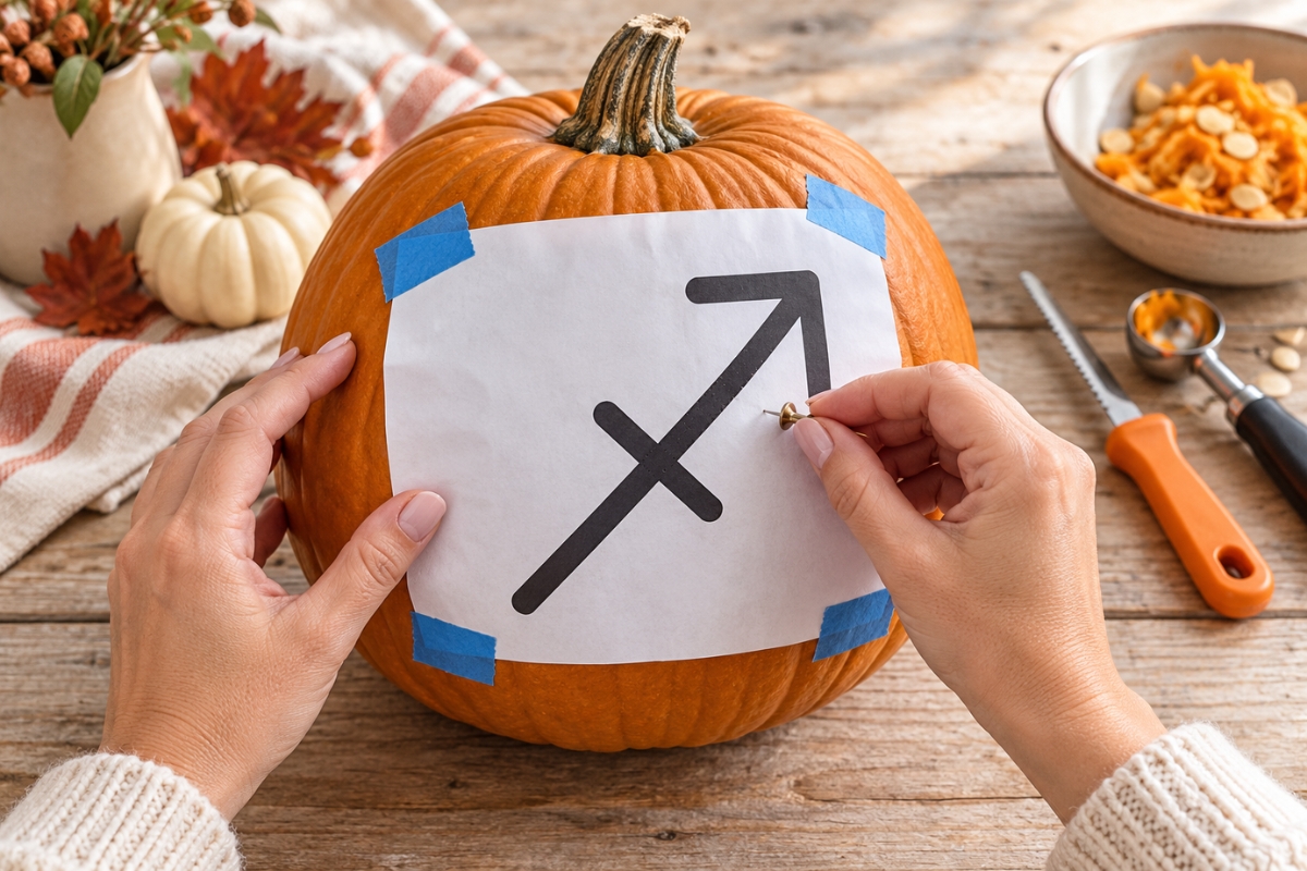 Hands transferring a Sagittarius zodiac stencil onto an orange pumpkin.