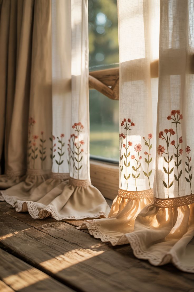 White lace curtains filtering golden fall sunlight in a cozy grandmacore living room.