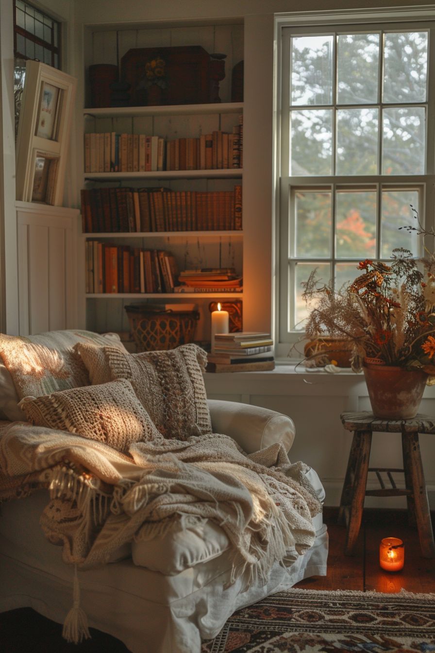 Cozy quilts and crochet blankets layered over a sofa in a reading nook for a warm fall grandmacore look.