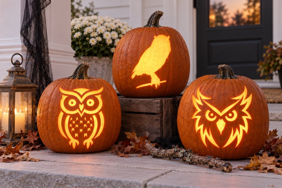 Three glowing owl jack-o'-lanterns styled on a farmhouse porch for Halloween.