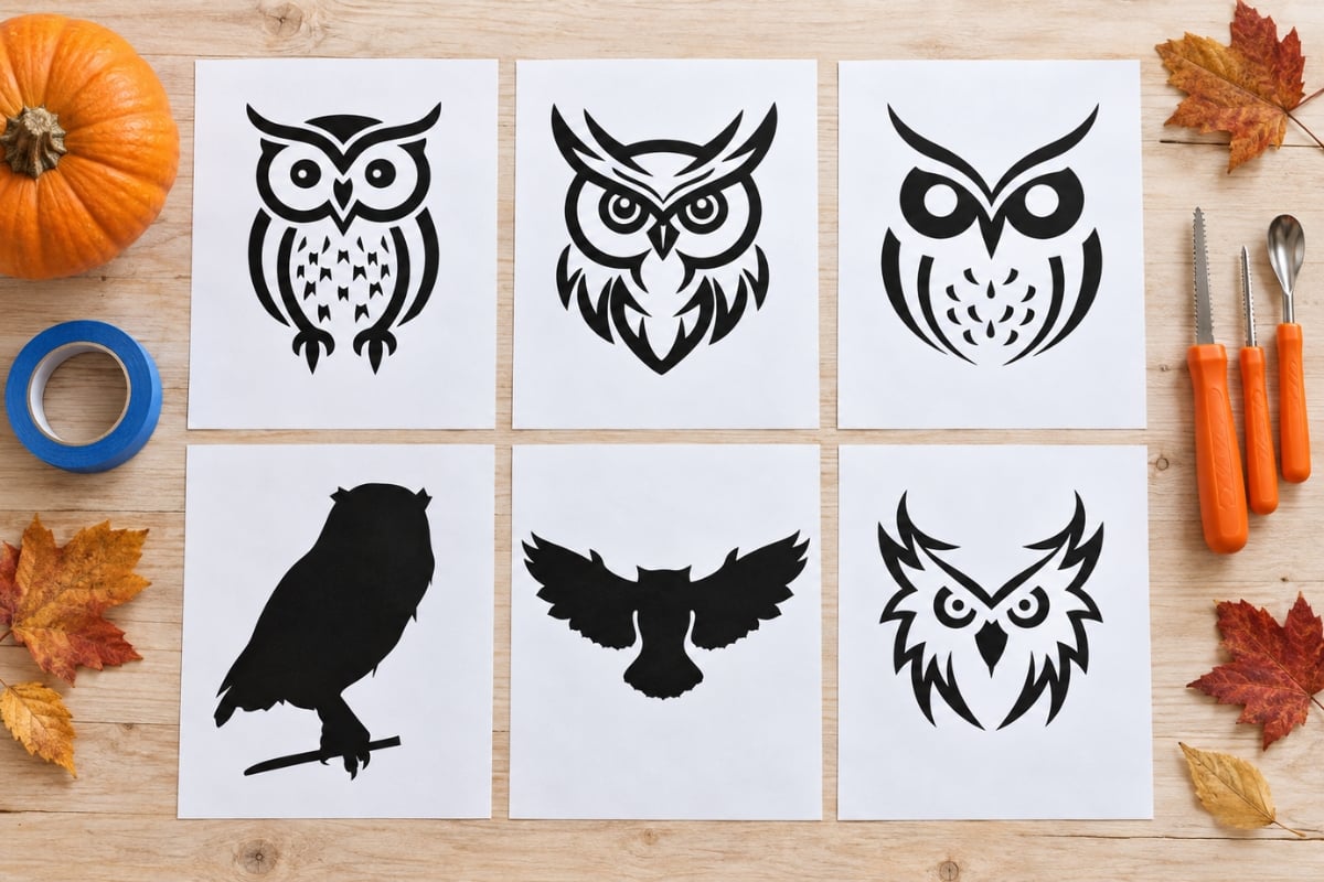 Free printable owl pumpkin stencil pages arranged with a pumpkin and carving tools.