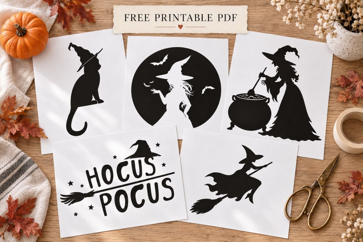 Free printable witch pumpkin stencil PDF with flying witches, hats, cats and cauldrons.