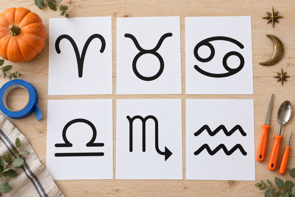 Free printable zodiac pumpkin stencil pages arranged with a pumpkin and carving tools.