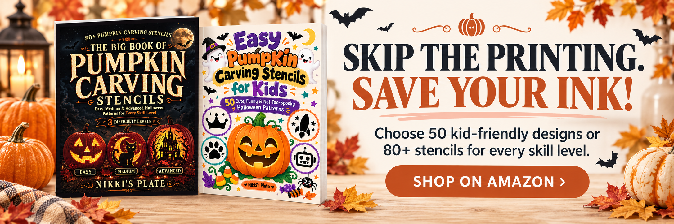 Pumpkin carving stencil books for kids and adults available to order on Amazon.