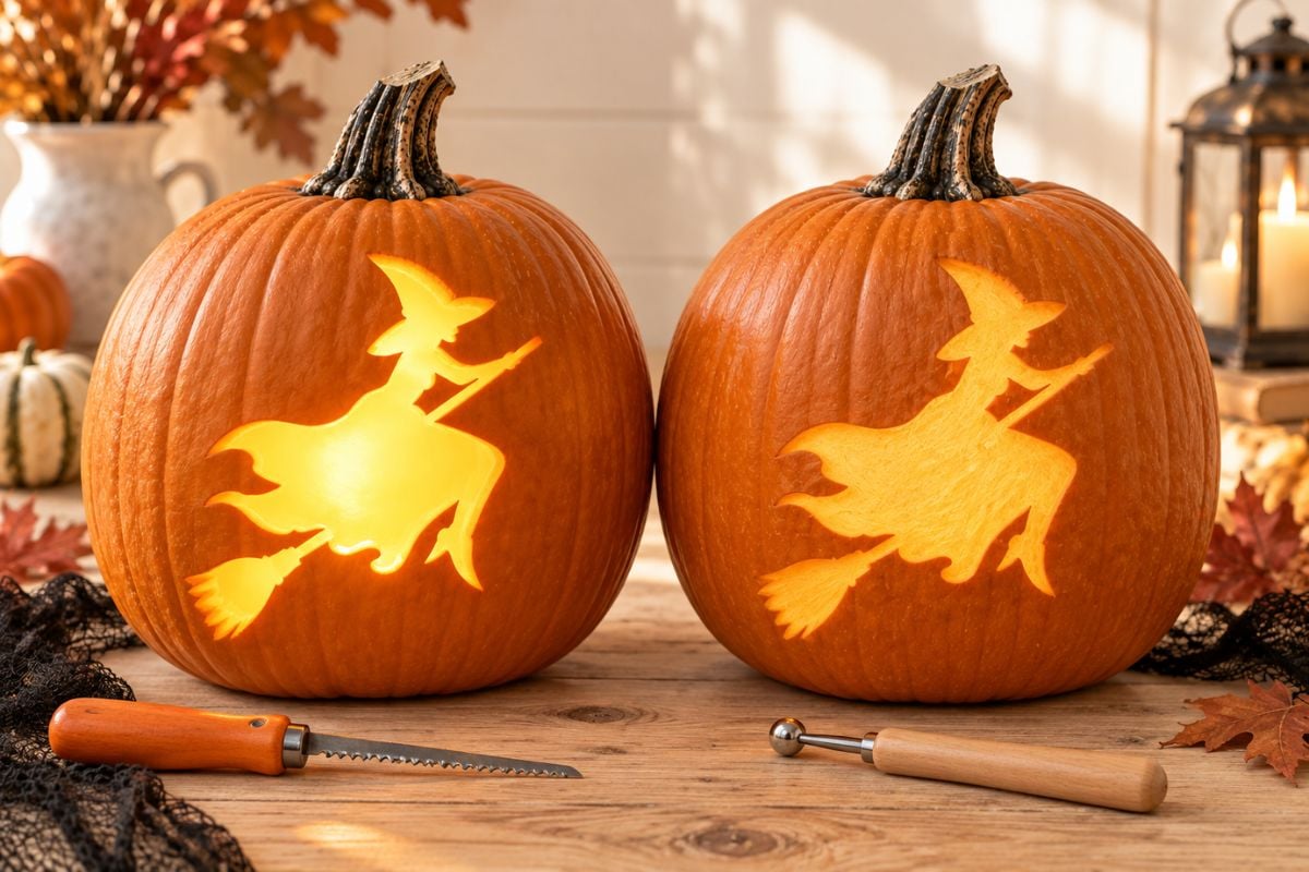 Carved and etched witch pumpkin stencil techniques shown side by side.