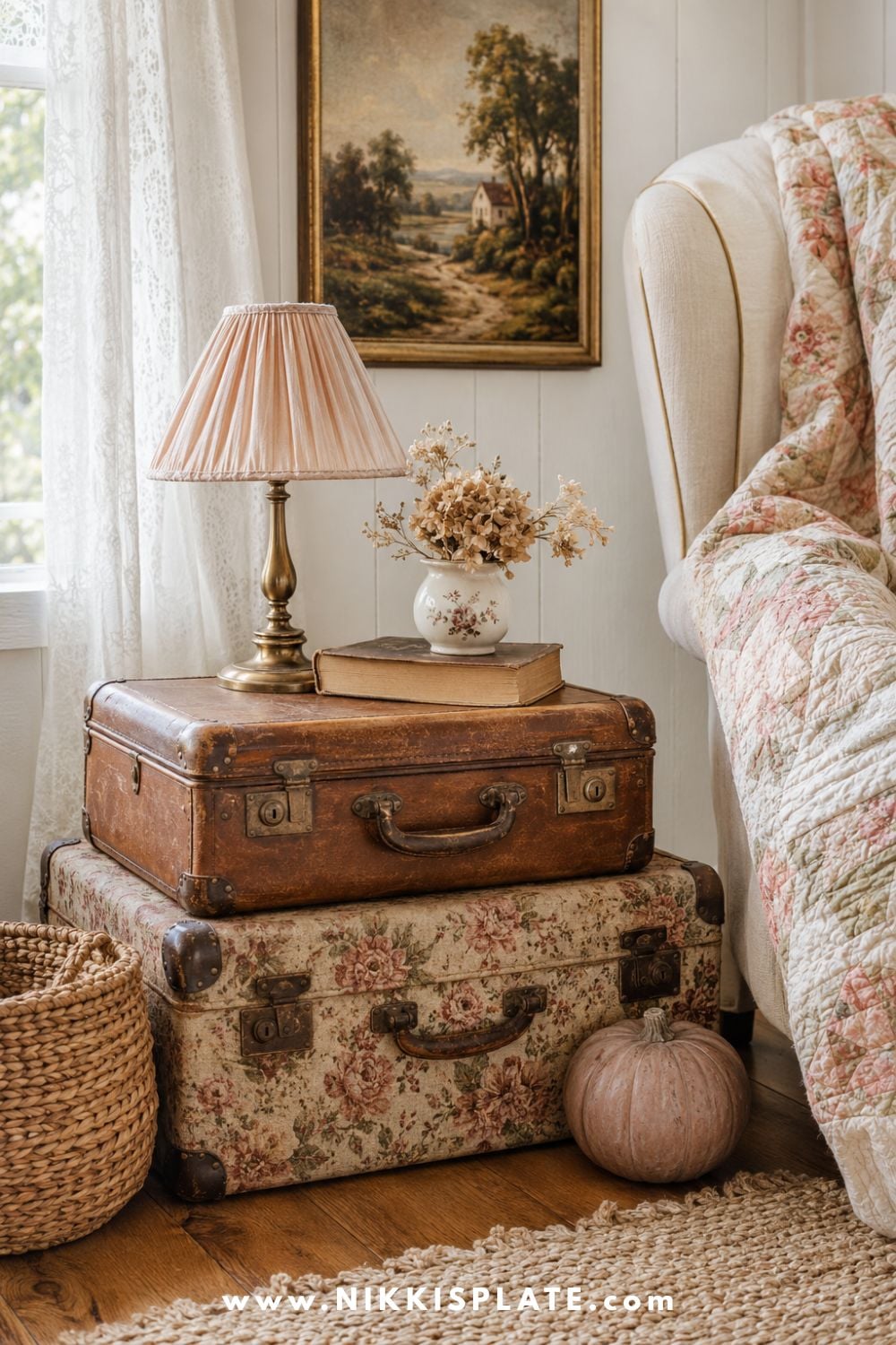 Stacked vintage suitcases styled with a pleated lamp, old books, dried flowers and an heirloom quilt in a cozy room.
