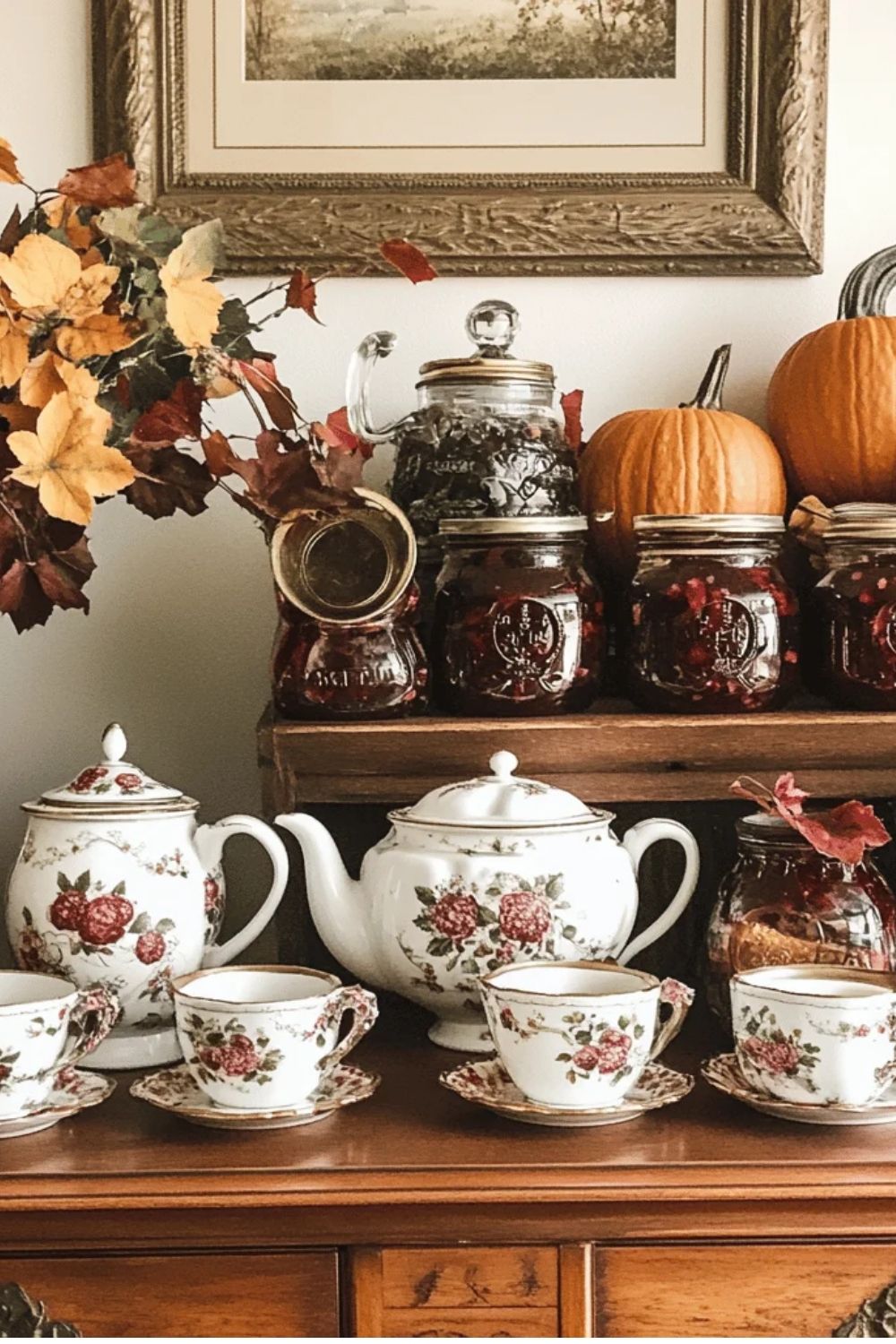 Autumn tea station with vintage teapots, cups, and seasonal tea blends in a grandmacore kitchen.