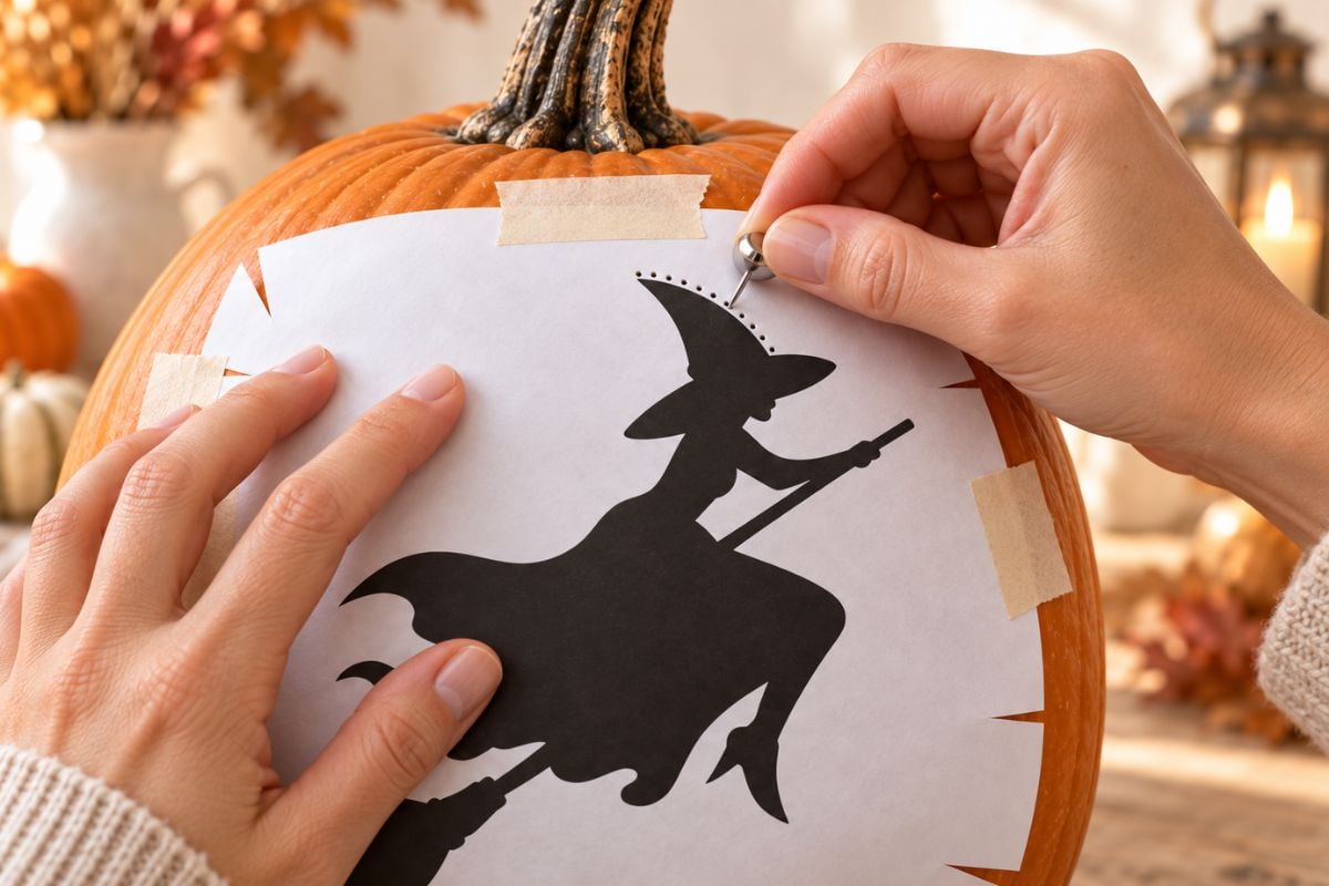 Witch pumpkin pattern being transferred with a pushpin before carving.