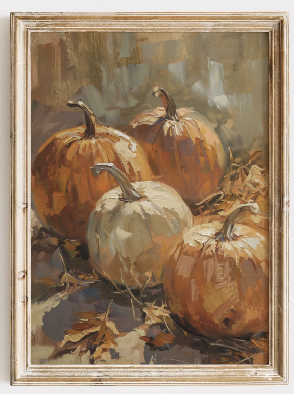 Vintage painting of an autumn pumpkins in an vintage frame for a fall grandmacore living room.