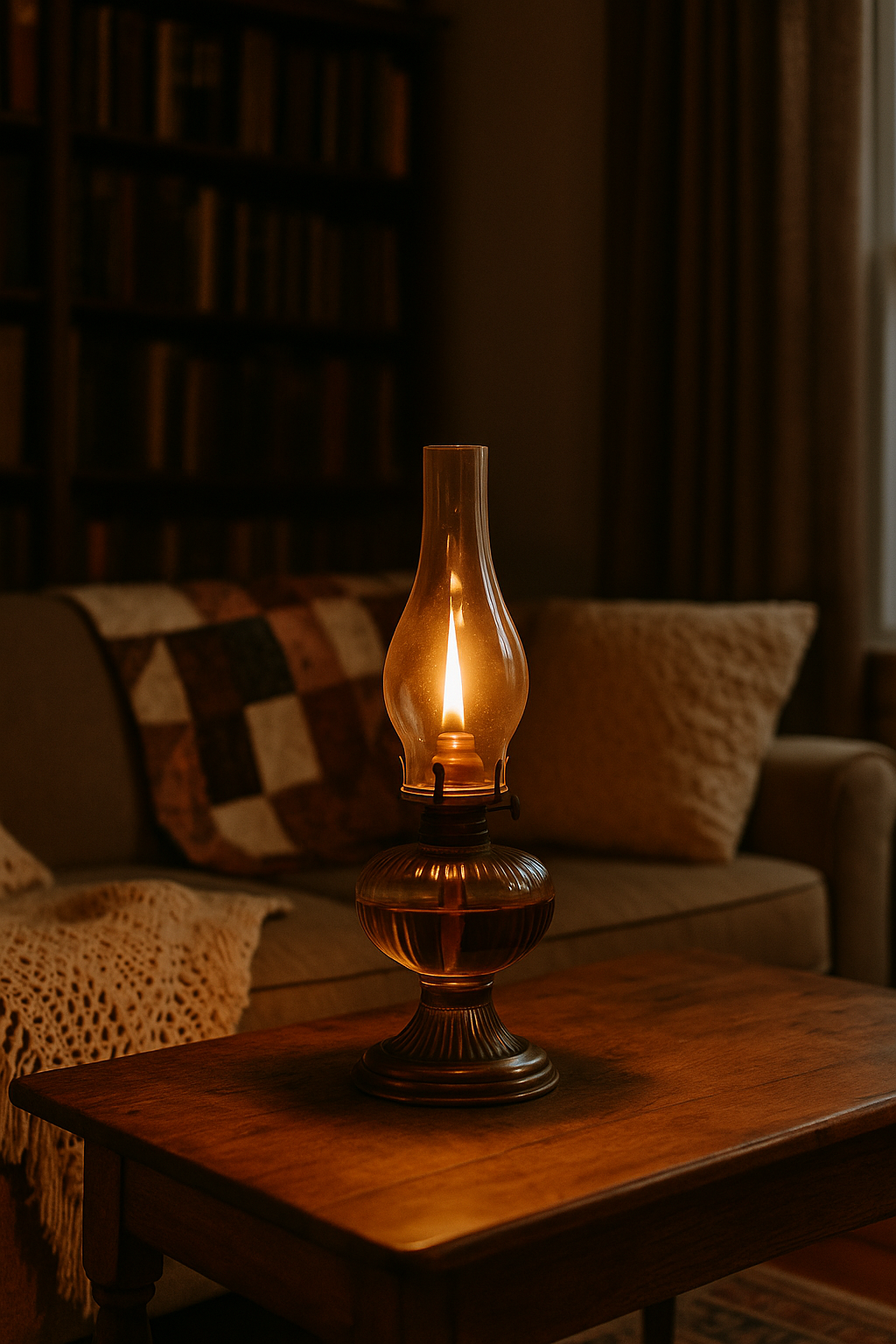 Antique oil lamp glowing on a wooden table in a cozy fall grandmacore living room.
