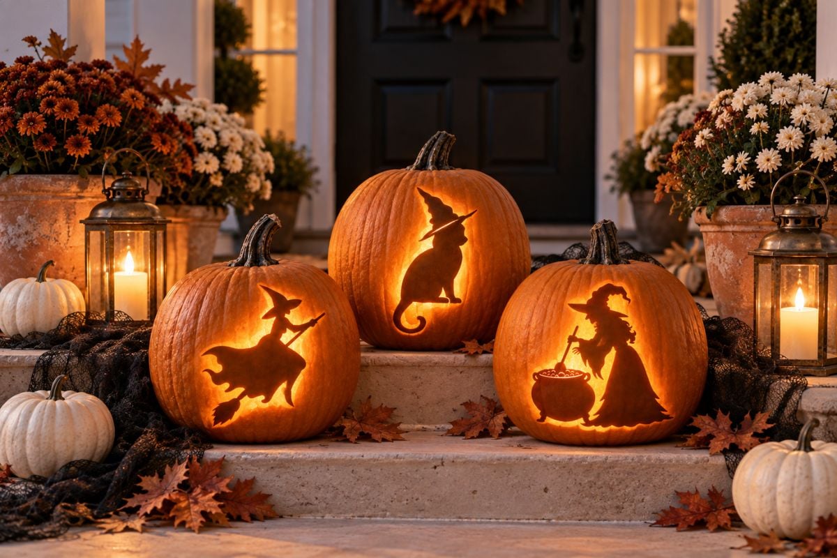 Glowing witch, cauldron and black cat pumpkins displayed on a farmhouse Halloween porch.