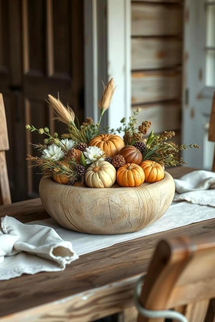 Wooden bowl filled with pumpkins as a rustic centerpiece for a fall grandmacore kitchen.