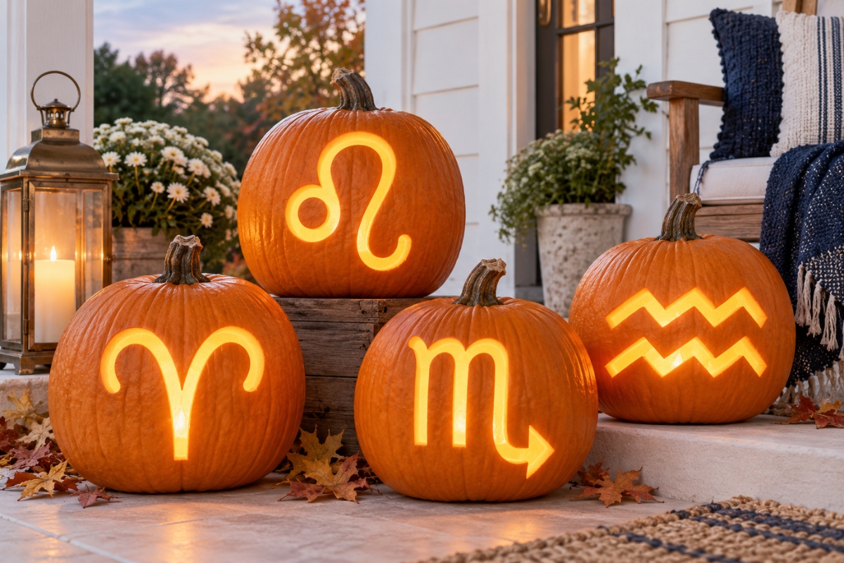 Four glowing zodiac jack-o'-lanterns displayed on a bright farmhouse porch.