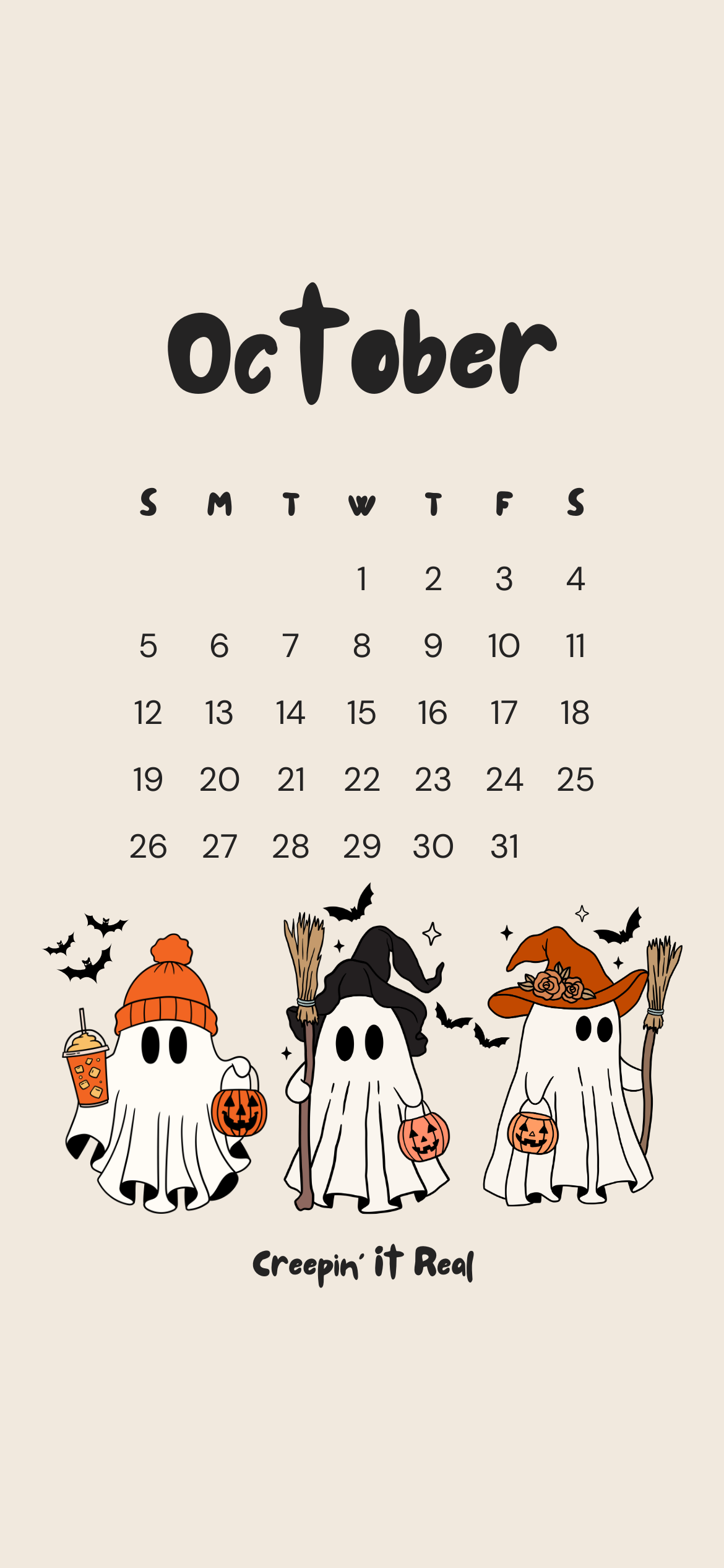 Cute spooky ghost October 2025 iPhone calendar background with Halloween theme, bats, pumpkins, and witches hats – free iPhone wallpaper download